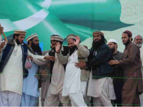 Malik Ishaq atteding a Defense of Pakistan rally in Karachi.