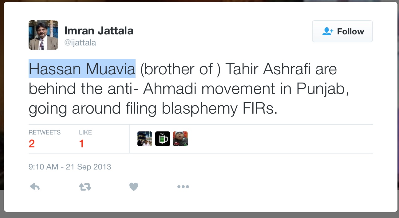 Hasan Muavia is a senior leader of the ASWJ-LeJ/TTP/Jamaat ul Ahrar that committed the the terrorist attacks in Gulshan - e - Iqbal Park, Lahore.