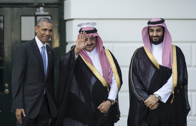 US President Barack Obama welcomes Saudi Crown Prince Mohammed bin Nayef (C) and Deputy Crown Prince Mohammed bin Sultan (R) to the White House in Washington, DC, on May 13, 2015. Obama is hosting leaders of the Gulf Cooperation Council (GCC) to allay their fears over a potential nuclear deal with Iran and to disciuss regional security issues. AFP PHOTO/NICHOLAS KAMM (Photo credit should read NICHOLAS KAMM/AFP/Getty Images)