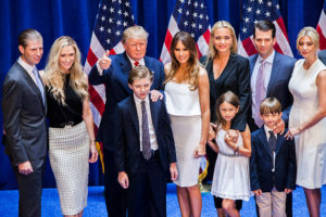 NEW YORK, NY - JUNE 16: (L-R) Eric Trump, Lara Yunaska Trump, Donald Trump, Barron Trump, Melania Trump, Vanessa Haydon Trump, Kai Madison Trump, Donald Trump Jr., Donald John Trump III, and Ivanka Trump pose for photos on stage after Donald Trump announced his candidacy for the U.S. presidency at Trump Tower on June 16, 2015 in New York City. Trump is the 12th Republican who has announced running for the White House. (Photo by Christopher Gregory/Getty Images)